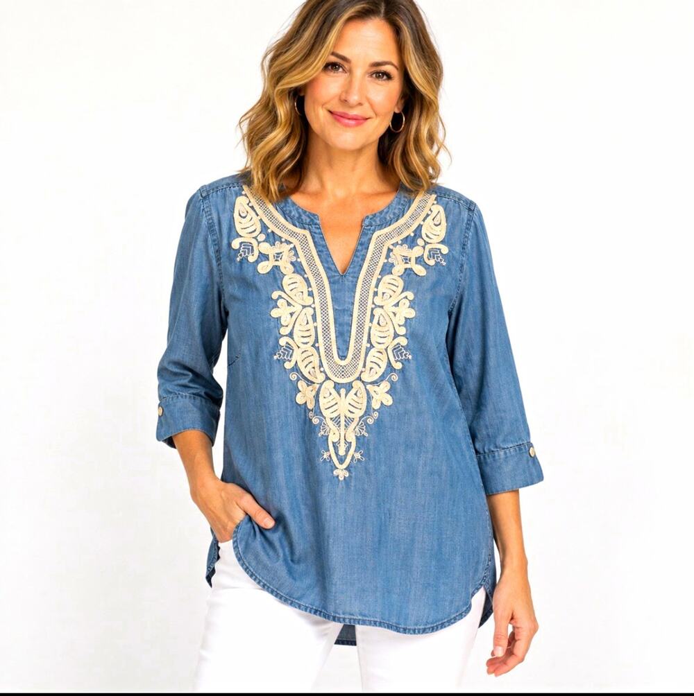 Chico’s Embroidered Denim Tunic Top Size 2 12/14 Blue Tencel Boho
